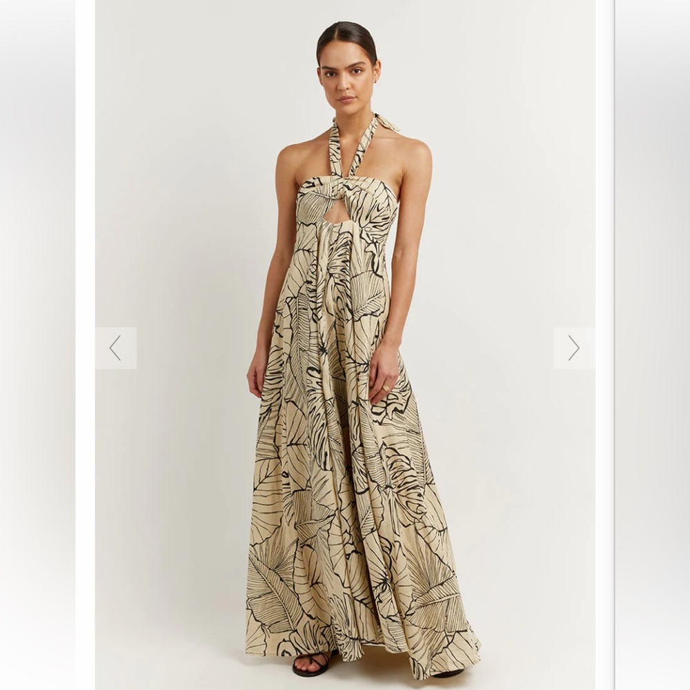 DISSH Malta Cream Maxi Halter Dress with Black Leaf Print
